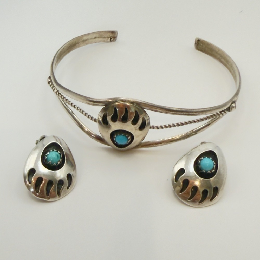 Vtg Sterling Silver 925 Southwest Turquoise Bear Paw Cuff Earrings Set Lot READ